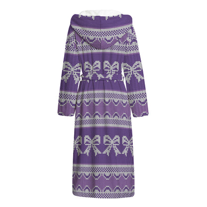 Purple Ribbon Knitted Pattern Print Hooded Bathrobe