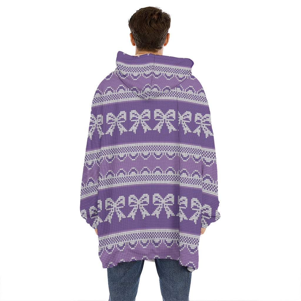 Purple Ribbon Knitted Pattern Print Hoodie Blanket