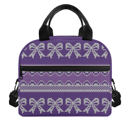 Purple Ribbon Knitted Pattern Print Insulated Lunch Bag