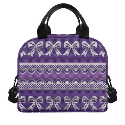 Purple Ribbon Knitted Pattern Print Insulated Lunch Bag