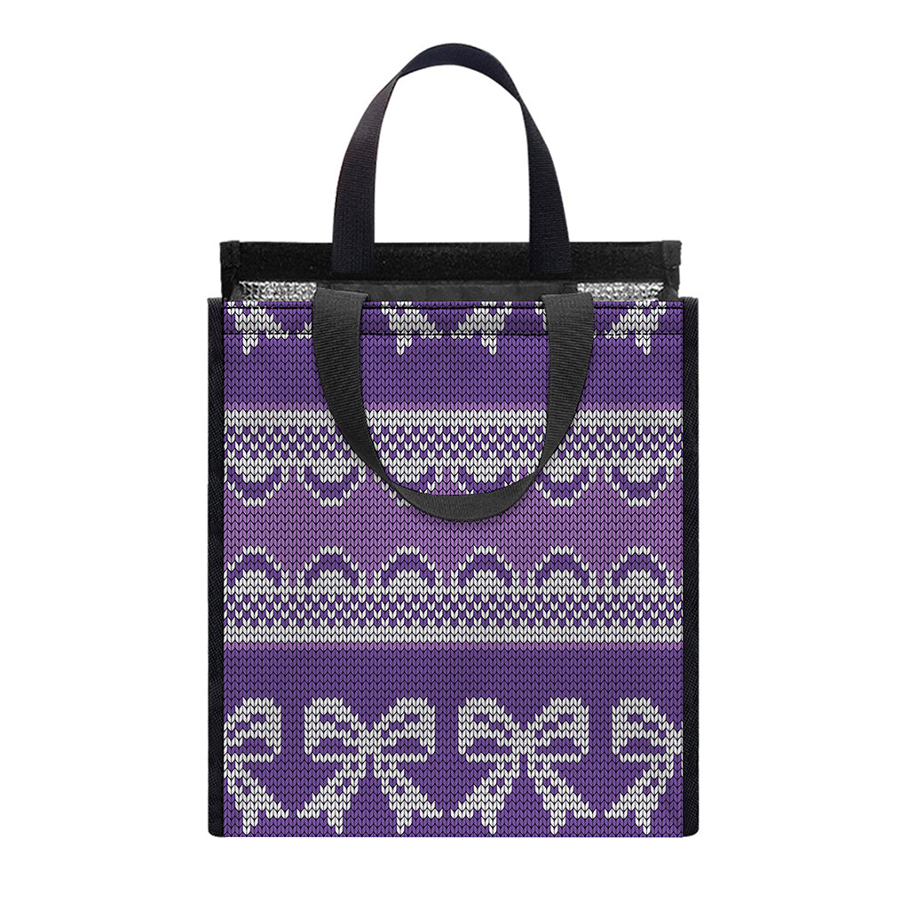 Purple Ribbon Knitted Pattern Print Insulated Lunch Tote