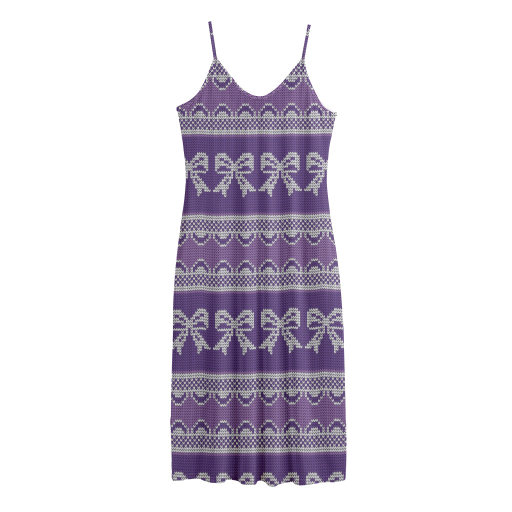 Purple Ribbon Knitted Pattern Print Jersey Midi Cami Dress