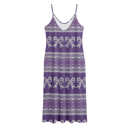 Purple Ribbon Knitted Pattern Print Jersey Midi Cami Dress