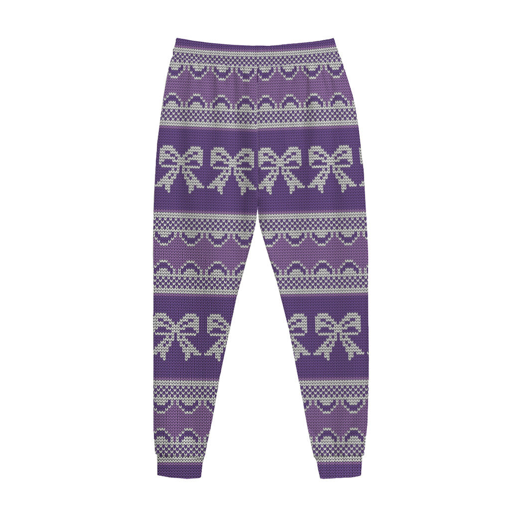 Purple Ribbon Knitted Pattern Print Jogger Pants