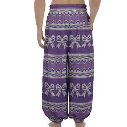 Purple Ribbon Knitted Pattern Print Lantern Pants