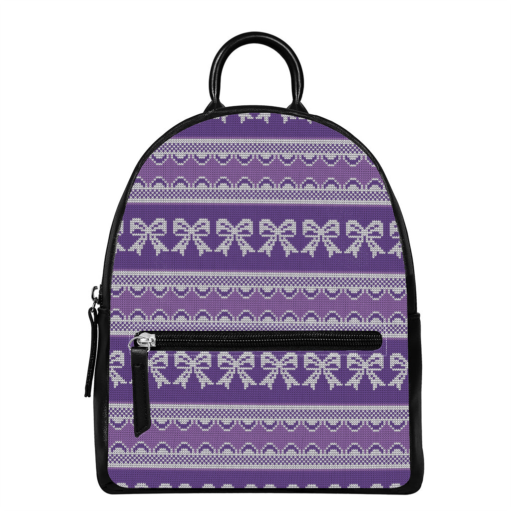 Purple Ribbon Knitted Pattern Print Leather Backpack