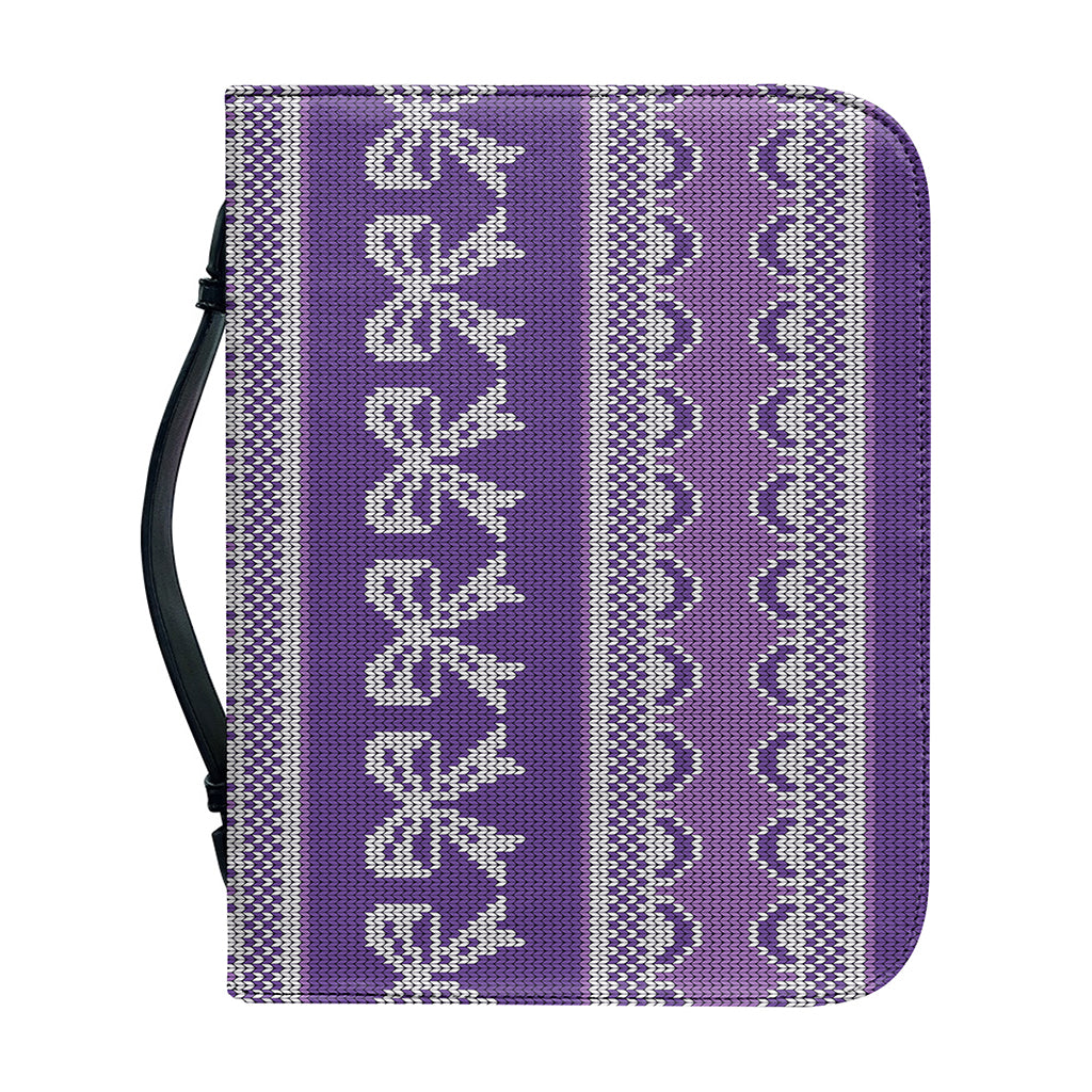 Purple Ribbon Knitted Pattern Print Leather Bible Cover