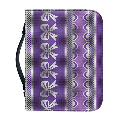 Purple Ribbon Knitted Pattern Print Leather Bible Cover