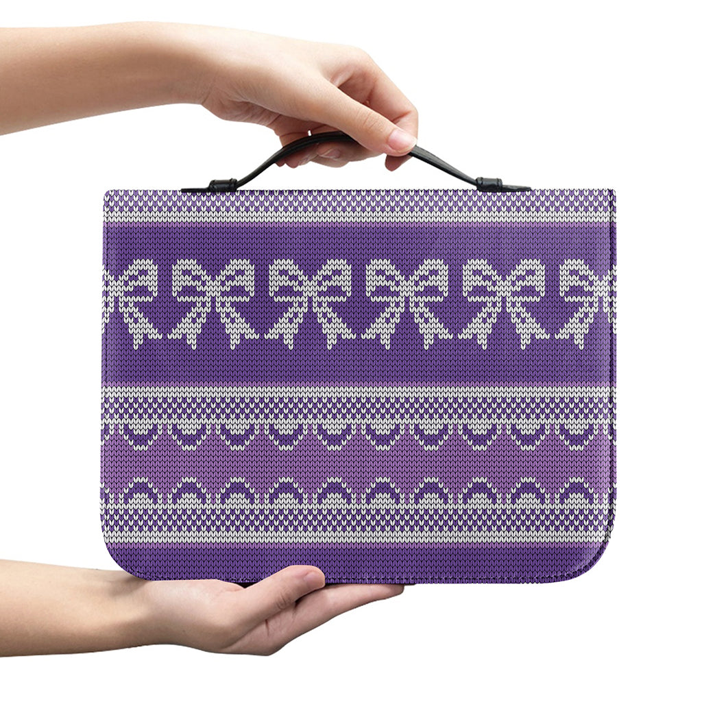 Purple Ribbon Knitted Pattern Print Leather Bible Cover