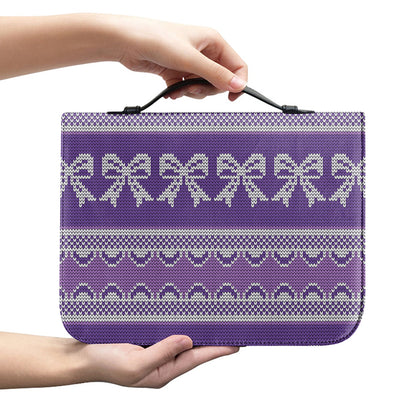 Purple Ribbon Knitted Pattern Print Leather Bible Cover