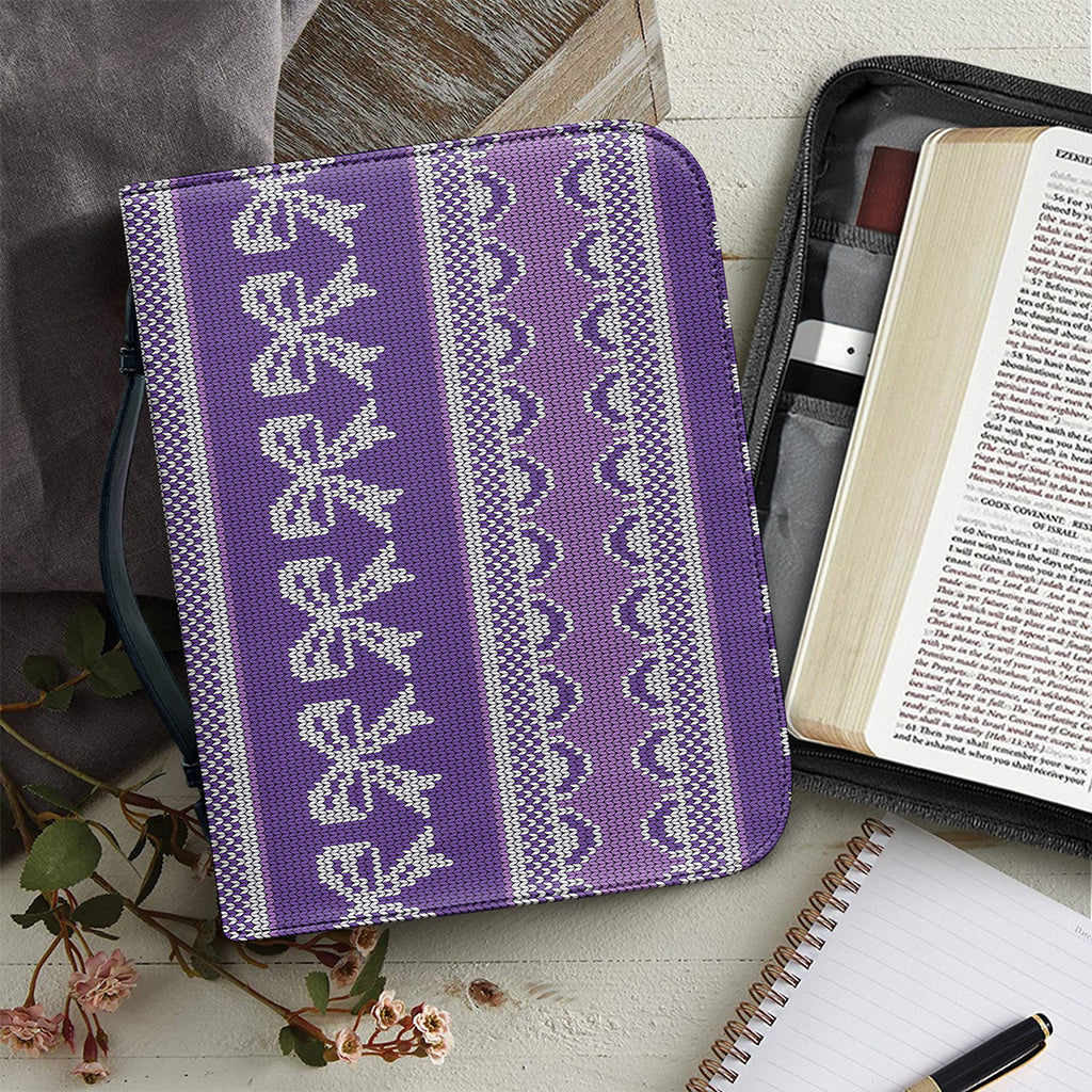 Purple Ribbon Knitted Pattern Print Leather Bible Cover