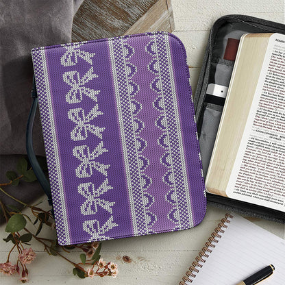 Purple Ribbon Knitted Pattern Print Leather Bible Cover