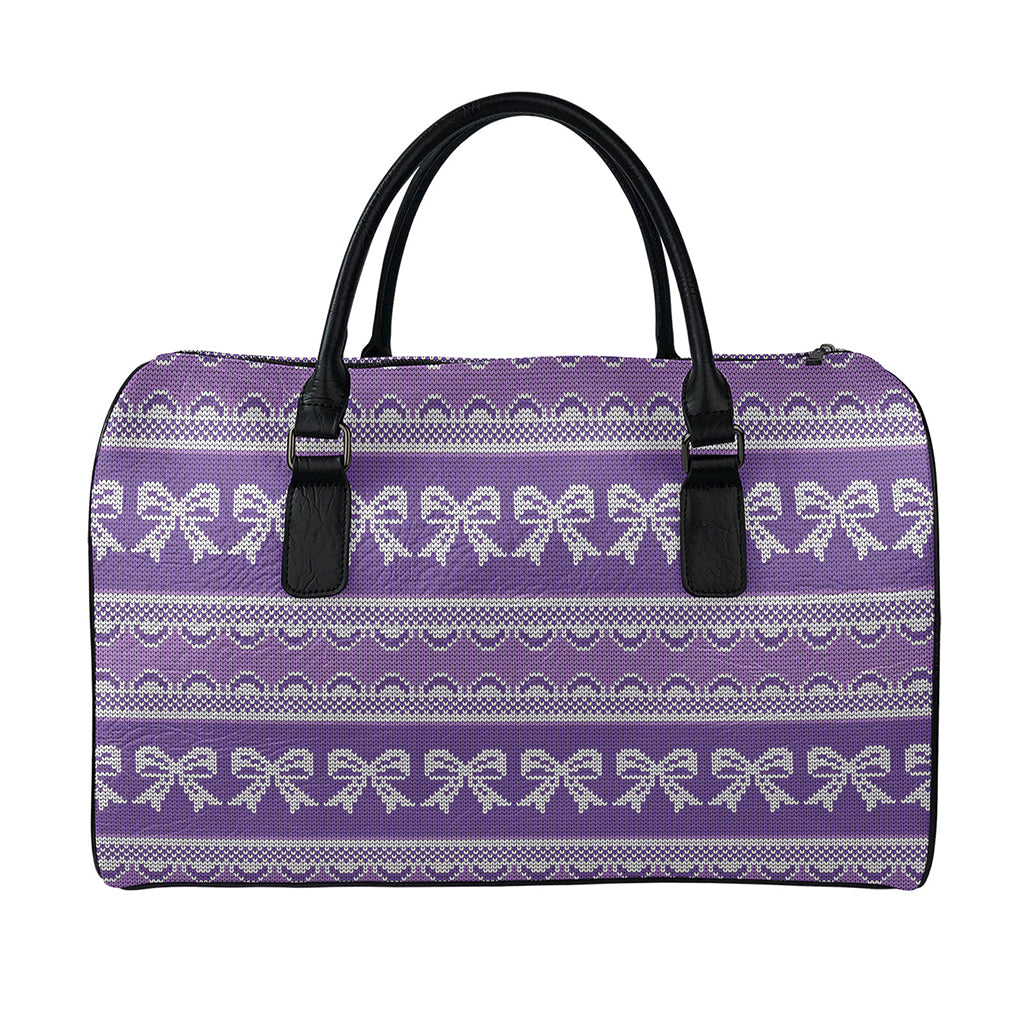 Purple Ribbon Knitted Pattern Print Leather Duffle Bag