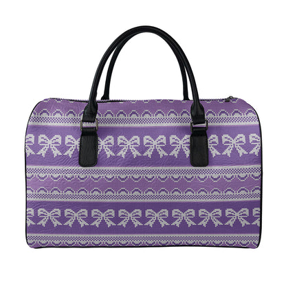 Purple Ribbon Knitted Pattern Print Leather Duffle Bag