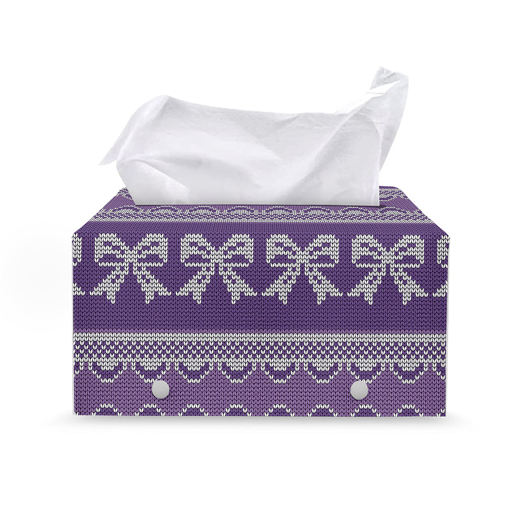Purple Ribbon Knitted Pattern Print Leather Tissue Box Cover