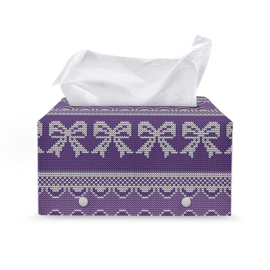 Purple Ribbon Knitted Pattern Print Leather Tissue Box Cover