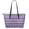 Purple Ribbon Knitted Pattern Print Leather Tote Bag With Zipper