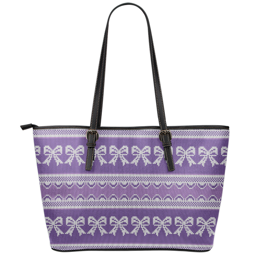 Purple Ribbon Knitted Pattern Print Leather Tote Bag