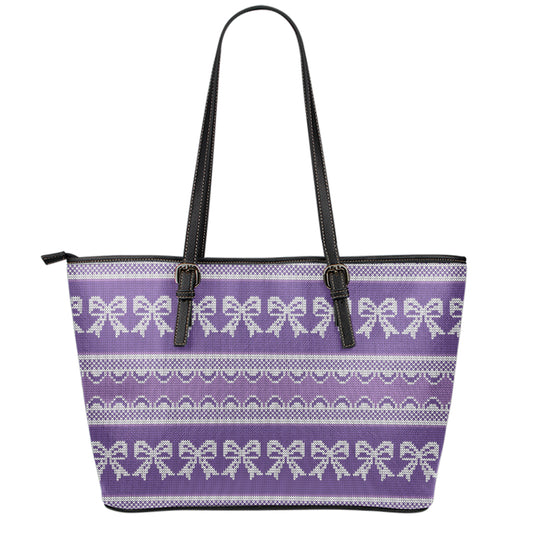Purple Ribbon Knitted Pattern Print Leather Tote Bag