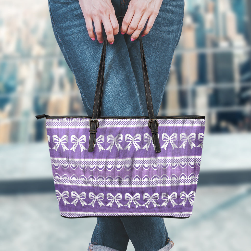 Purple Ribbon Knitted Pattern Print Leather Tote Bag