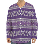 Purple Ribbon Knitted Pattern Print Long Sleeve Baseball Jersey