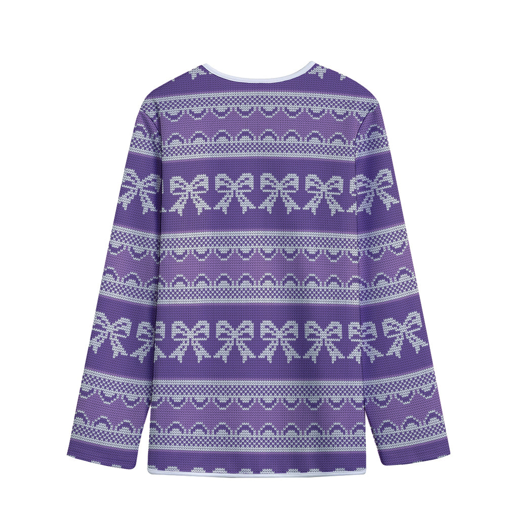 Purple Ribbon Knitted Pattern Print Long Sleeve Short Coat