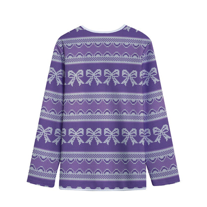 Purple Ribbon Knitted Pattern Print Long Sleeve Short Coat