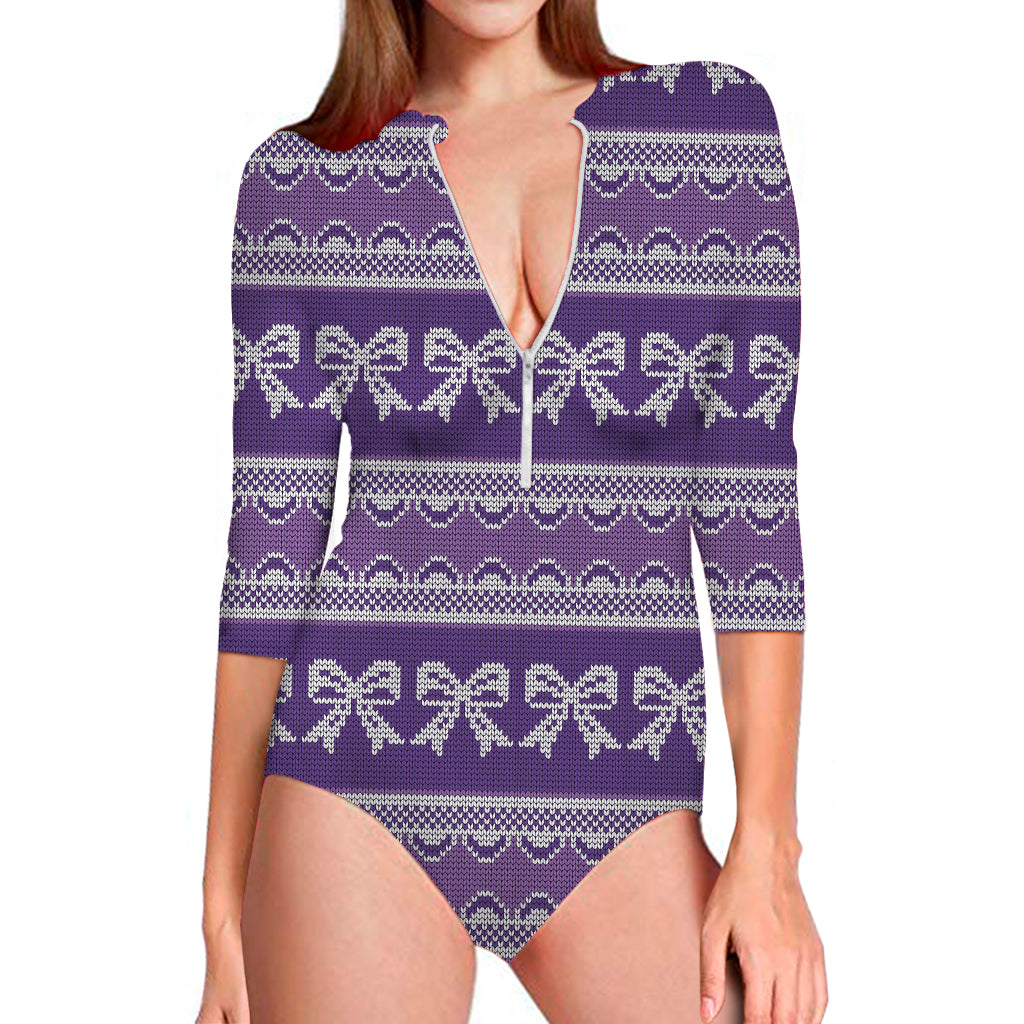 Purple Ribbon Knitted Pattern Print Long Sleeve Swimsuit