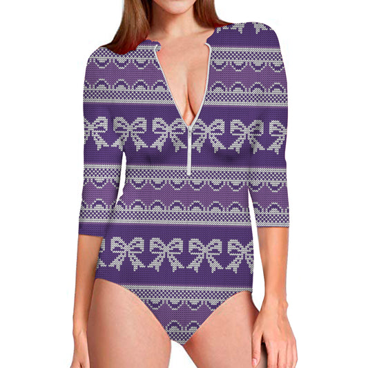 Purple Ribbon Knitted Pattern Print Long Sleeve Swimsuit