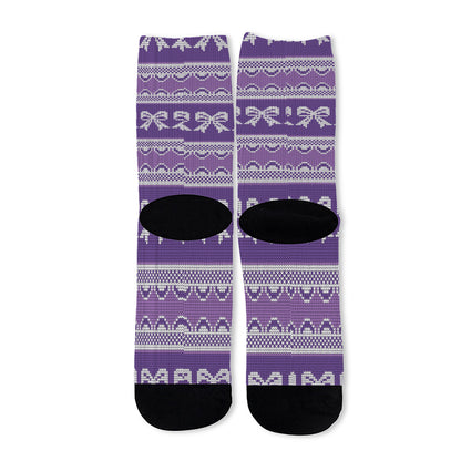 Purple Ribbon Knitted Pattern Print Long Socks