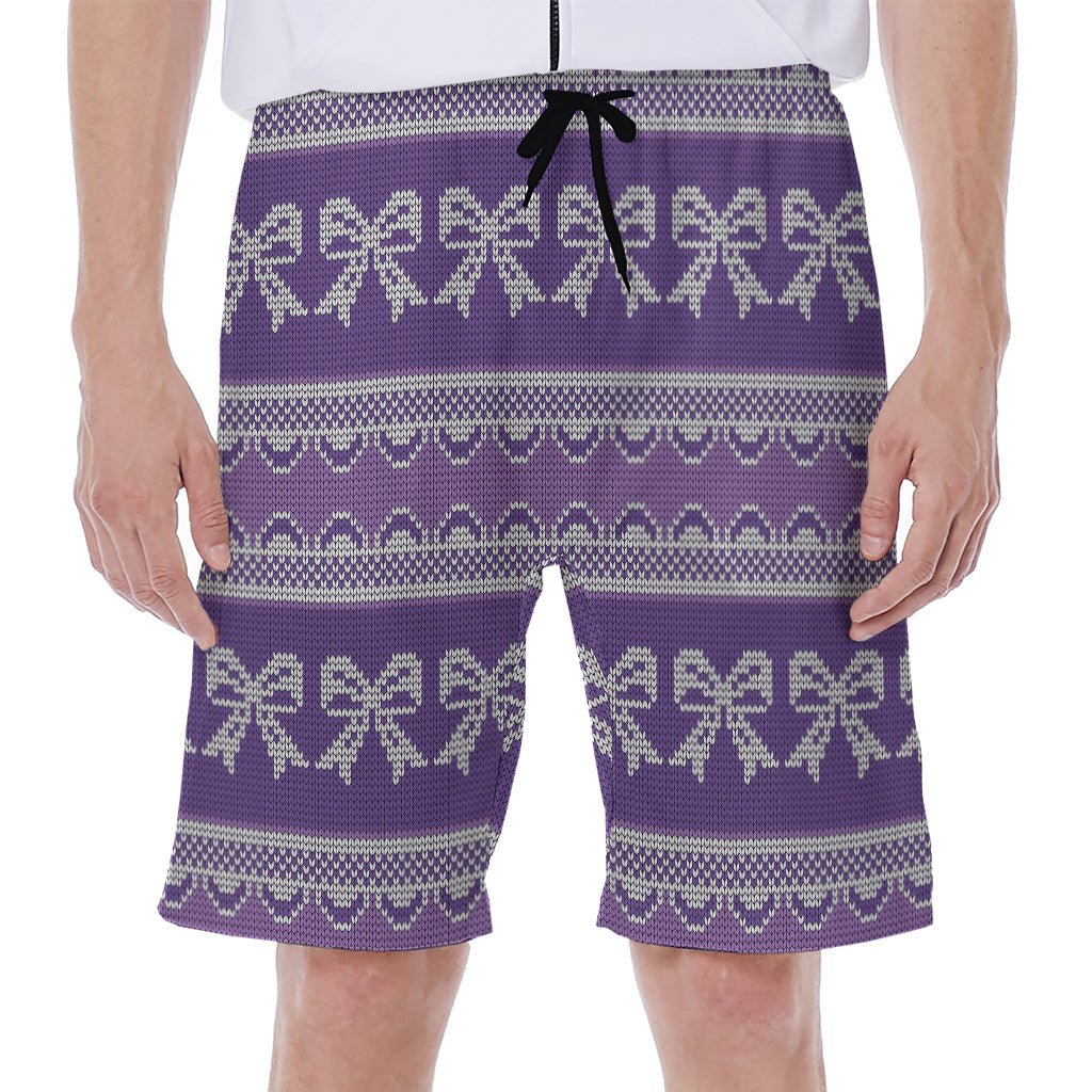 Purple Ribbon Knitted Pattern Print Men's Beach Shorts