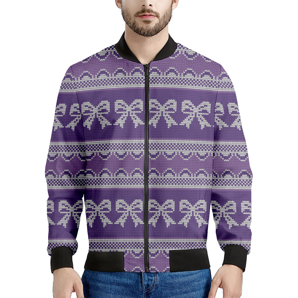 Purple Ribbon Knitted Pattern Print Men's Bomber Jacket