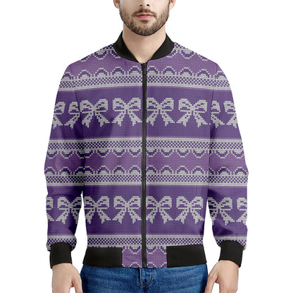 Purple Ribbon Knitted Pattern Print Men's Bomber Jacket