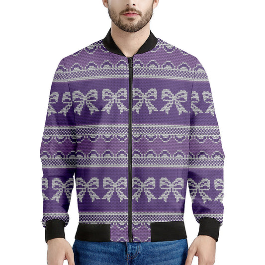 Purple Ribbon Knitted Pattern Print Men's Bomber Jacket