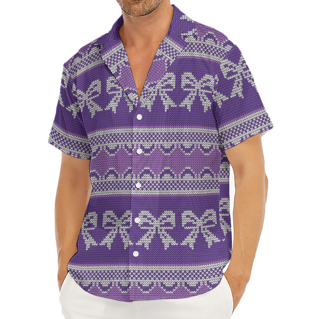 Purple Ribbon Knitted Pattern Print Men's Deep V-Neck Shirt