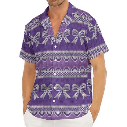 Purple Ribbon Knitted Pattern Print Men's Deep V-Neck Shirt