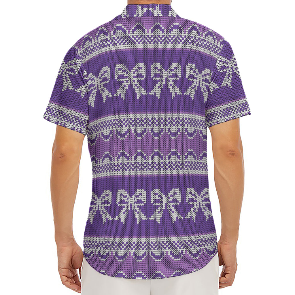 Purple Ribbon Knitted Pattern Print Men's Deep V-Neck Shirt