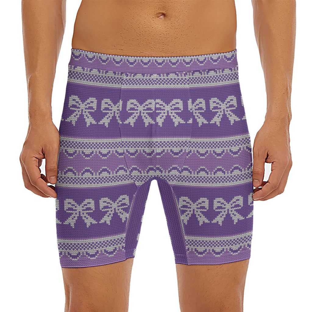 Purple Ribbon Knitted Pattern Print Men's Long Boxer Briefs