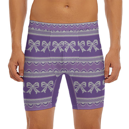 Purple Ribbon Knitted Pattern Print Men's Long Boxer Briefs