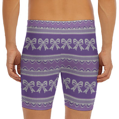 Purple Ribbon Knitted Pattern Print Men's Long Boxer Briefs