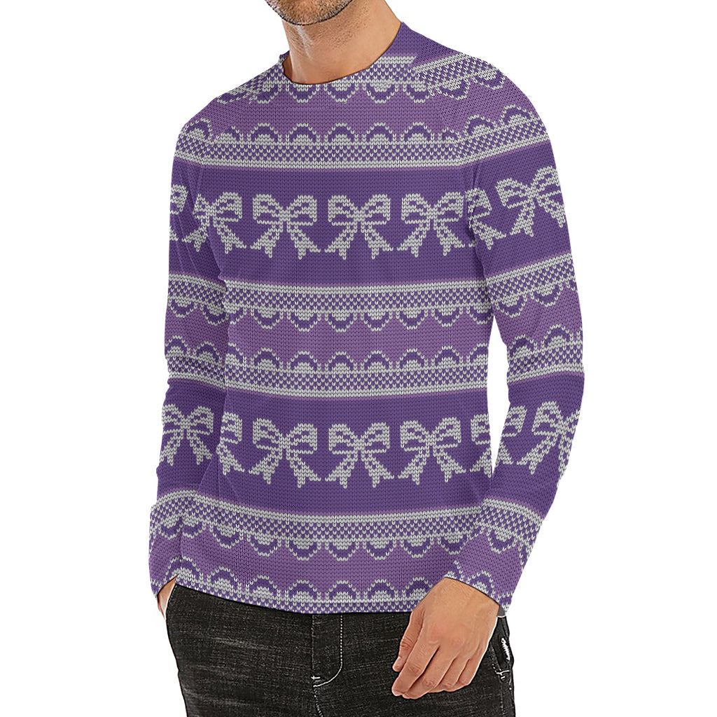 Purple Ribbon Knitted Pattern Print Men's Long Sleeve Rash Guard
