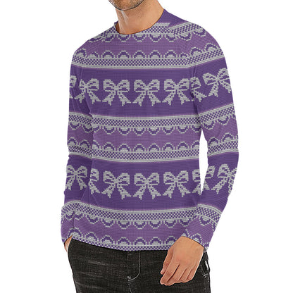 Purple Ribbon Knitted Pattern Print Men's Long Sleeve Rash Guard