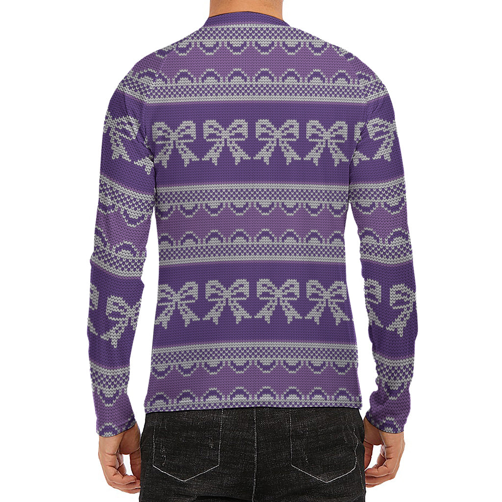 Purple Ribbon Knitted Pattern Print Men's Long Sleeve Rash Guard