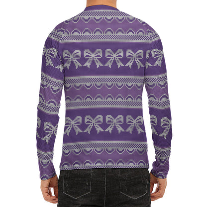 Purple Ribbon Knitted Pattern Print Men's Long Sleeve Rash Guard