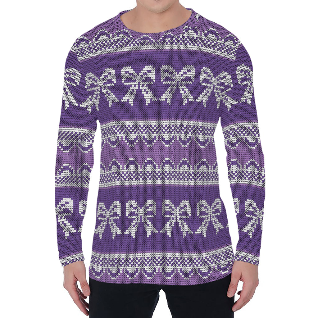 Purple Ribbon Knitted Pattern Print Men's Long Sleeve T-Shirt