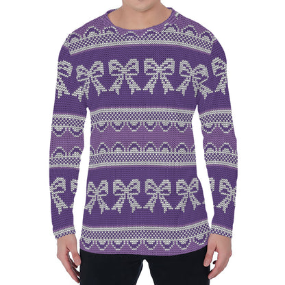 Purple Ribbon Knitted Pattern Print Men's Long Sleeve T-Shirt