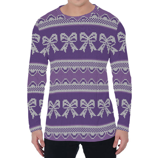 Purple Ribbon Knitted Pattern Print Men's Long Sleeve T-Shirt