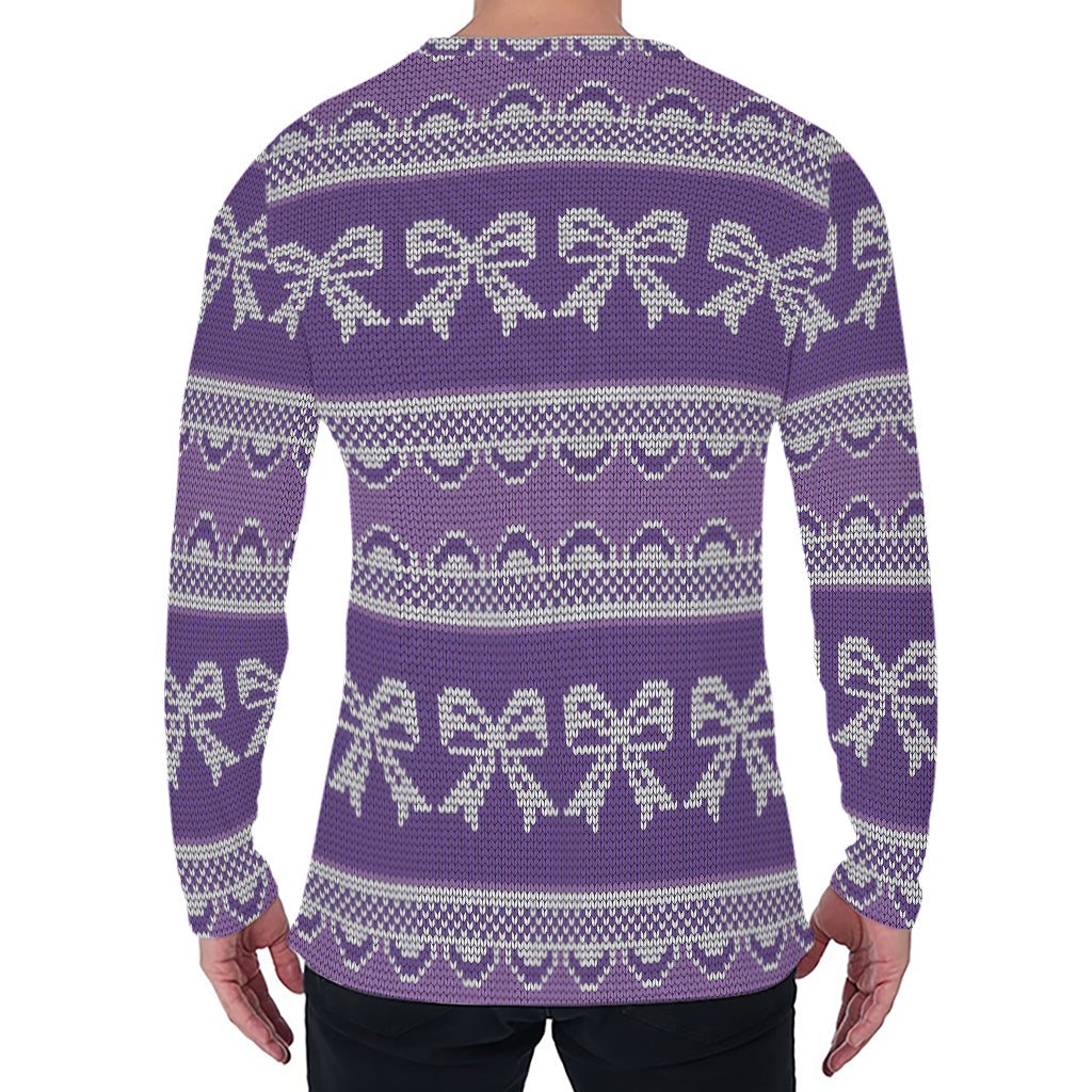 Purple Ribbon Knitted Pattern Print Men's Long Sleeve T-Shirt