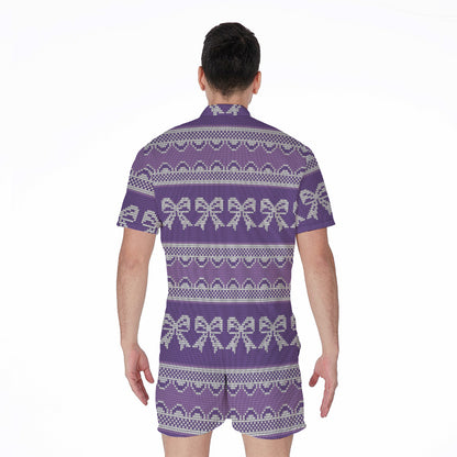 Purple Ribbon Knitted Pattern Print Men's Rompers