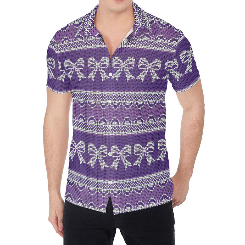 Purple Ribbon Knitted Pattern Print Men's Shirt